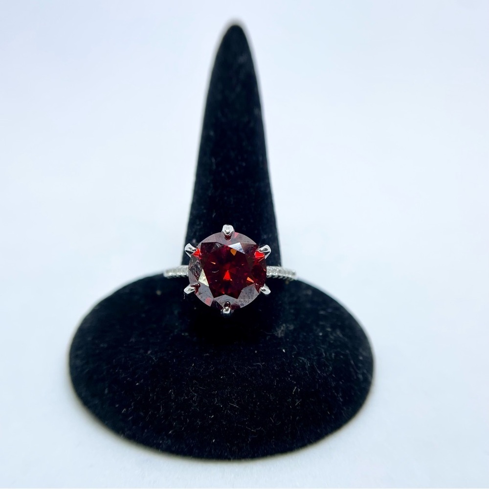 5 Carat Red Moissanite Ring 6 Prong Halo 18K White Gold Finish 925 Silver - Picture 5 of 15